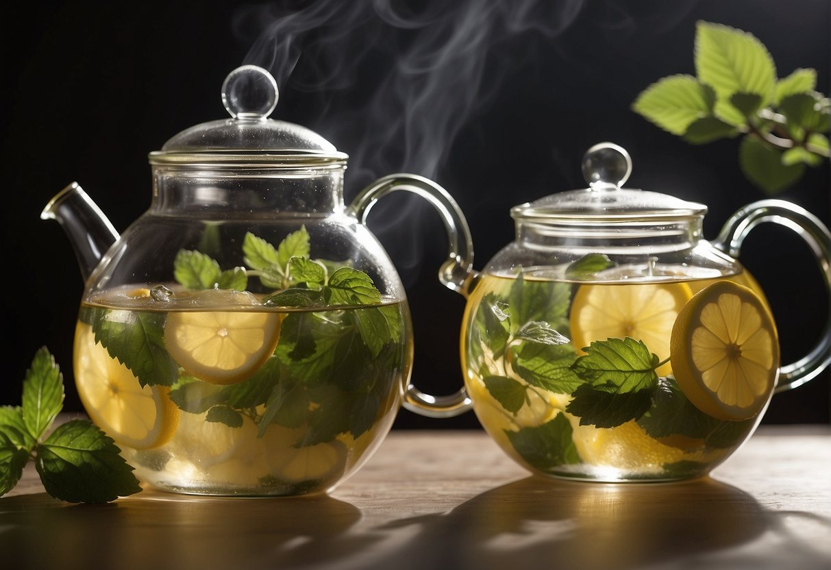 Lemon balm leaves steep in a clear glass teapot with hot water. A slice of fresh lemon floats on the surface