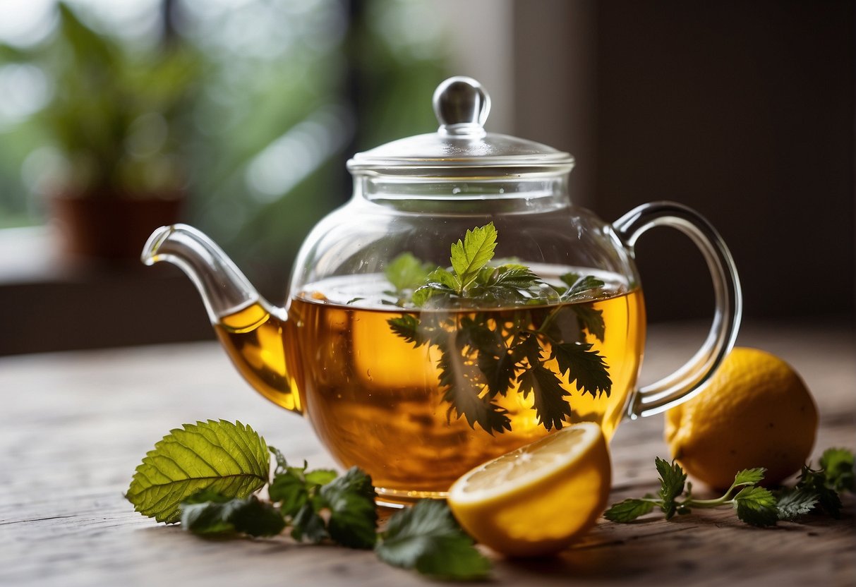 A teapot pours hot water over dried lemon balm leaves in a clear glass mug