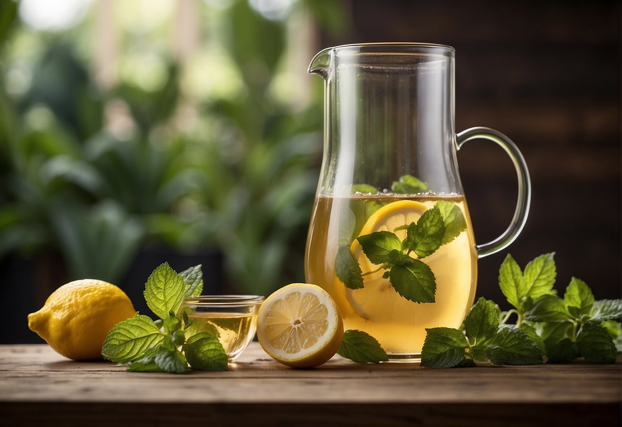 A glass pitcher sits on a wooden table, filled with cold brew lemon balm tea. Fresh lemon balm leaves float on the surface, infusing the liquid with their herbal aroma