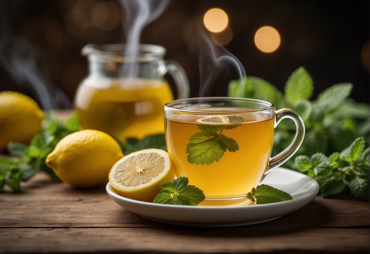 A steaming cup of lemon balm tea sits on a rustic wooden table, surrounded by fresh lemon balm leaves and a slice of lemon