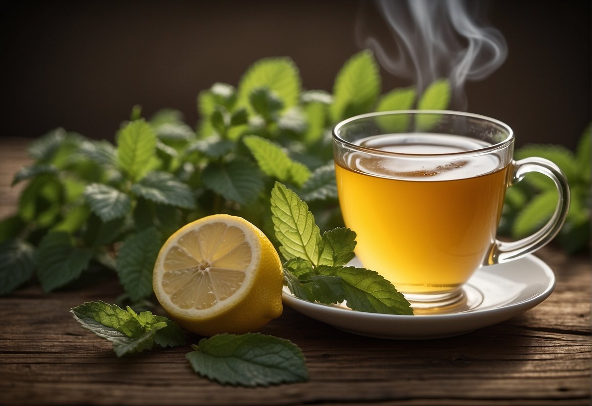 A steaming cup of lemon balm tea sits on a rustic wooden table, surrounded by fresh lemon balm leaves and a scattering of dried herbs