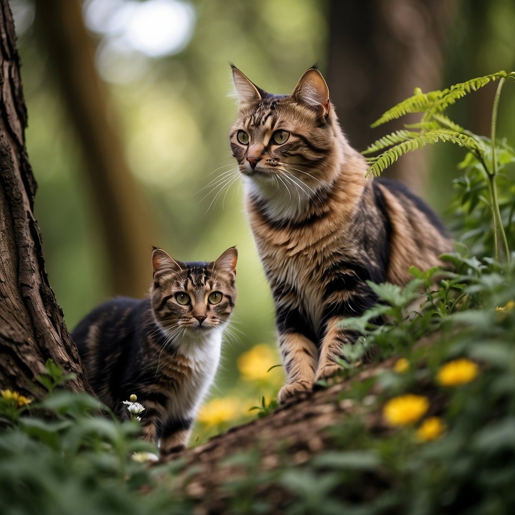 Two adventurous cats roam through a lush forest, climbing trees and sniffing the wildflowers, under the watchful eyes of soaring birds of prey