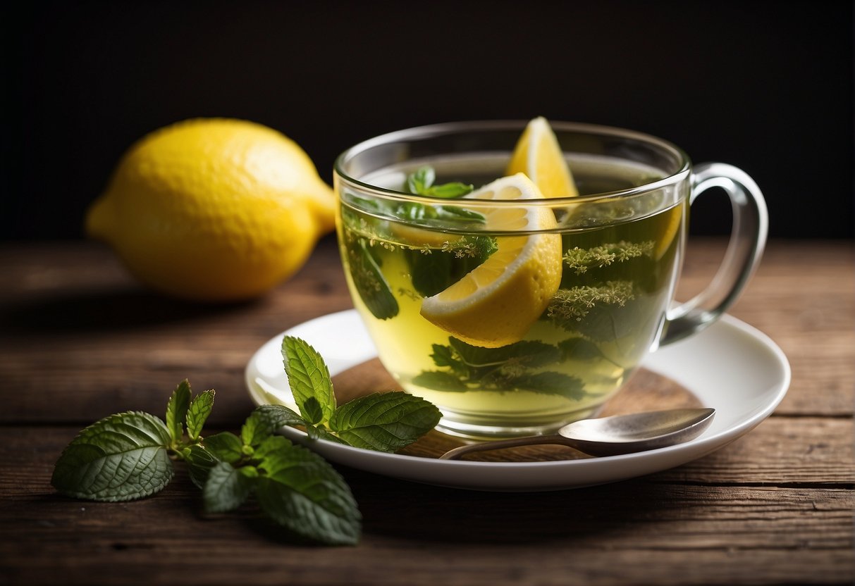 A steaming cup of green tea with fresh lemon slices and a sprig of mint on a wooden table