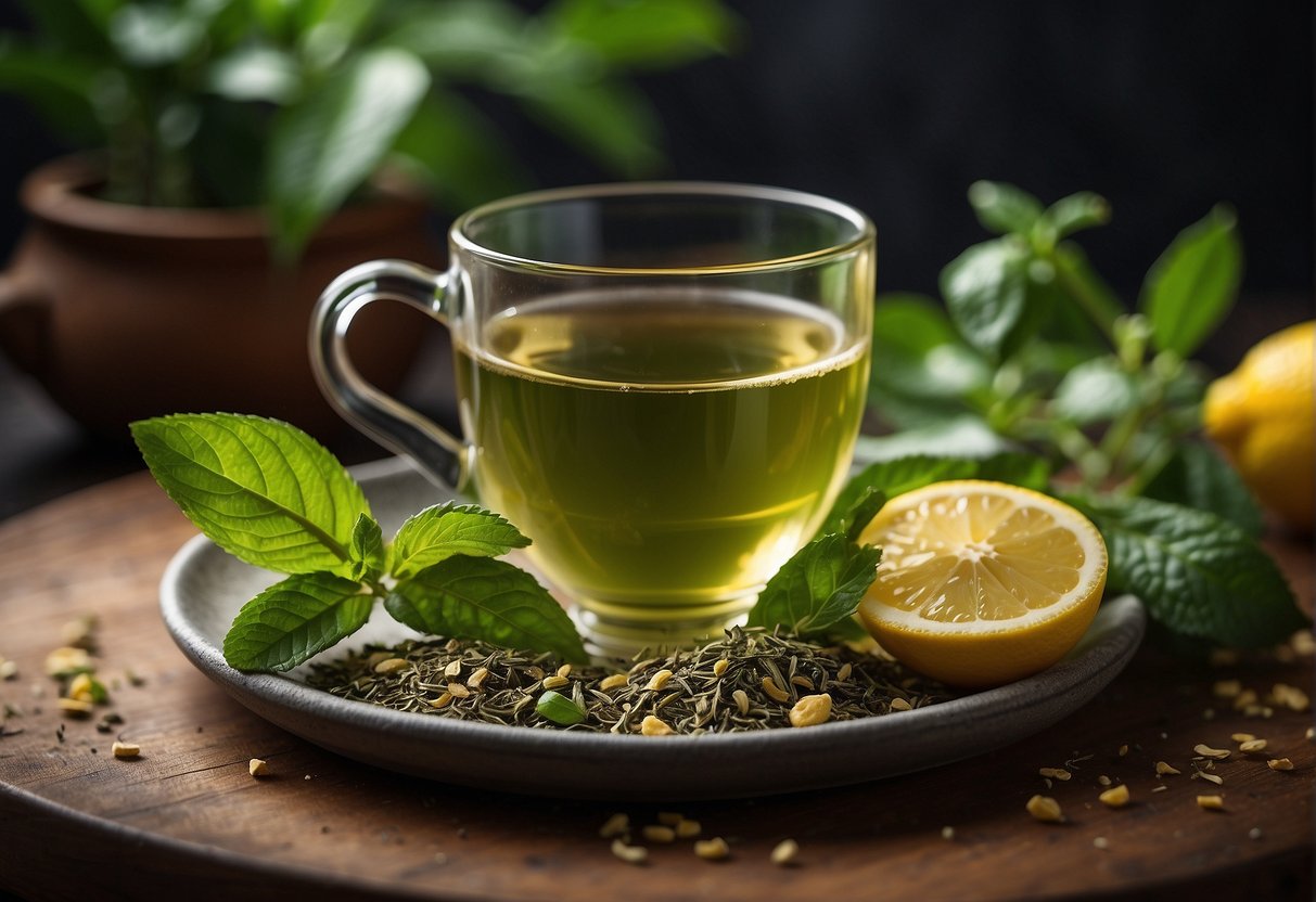 Green tea surrounded by various additives like lemon, honey, mint, and ginger