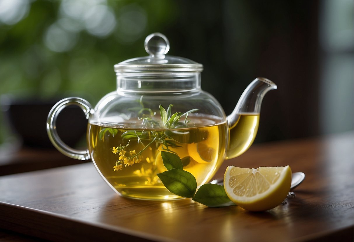 A teapot pouring hot water over loose green tea leaves in a clear glass cup, with a timer set for steeping. A small dish of honey and a lemon wedge sit nearby
