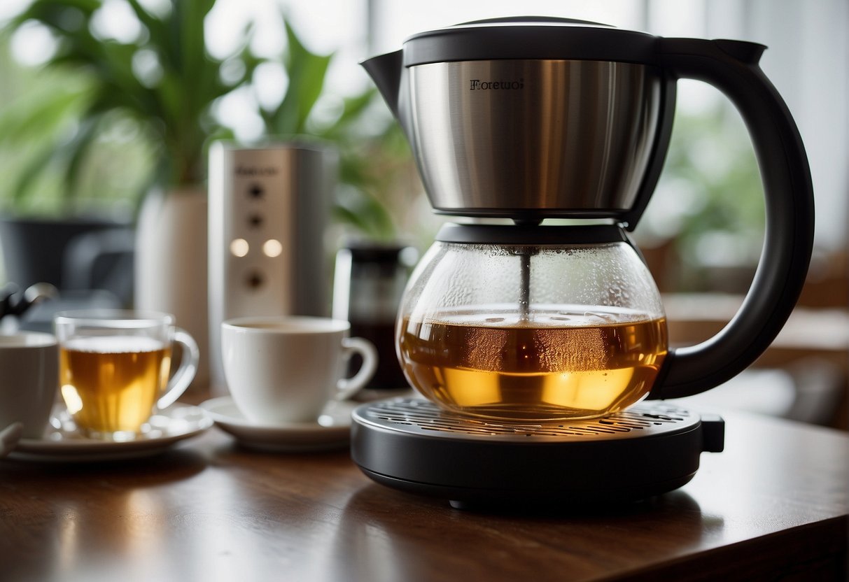 Various loose leaf teas placed in coffee maker, water pouring in, steam rising, timer set, tea brewing, aromatic steam wafting