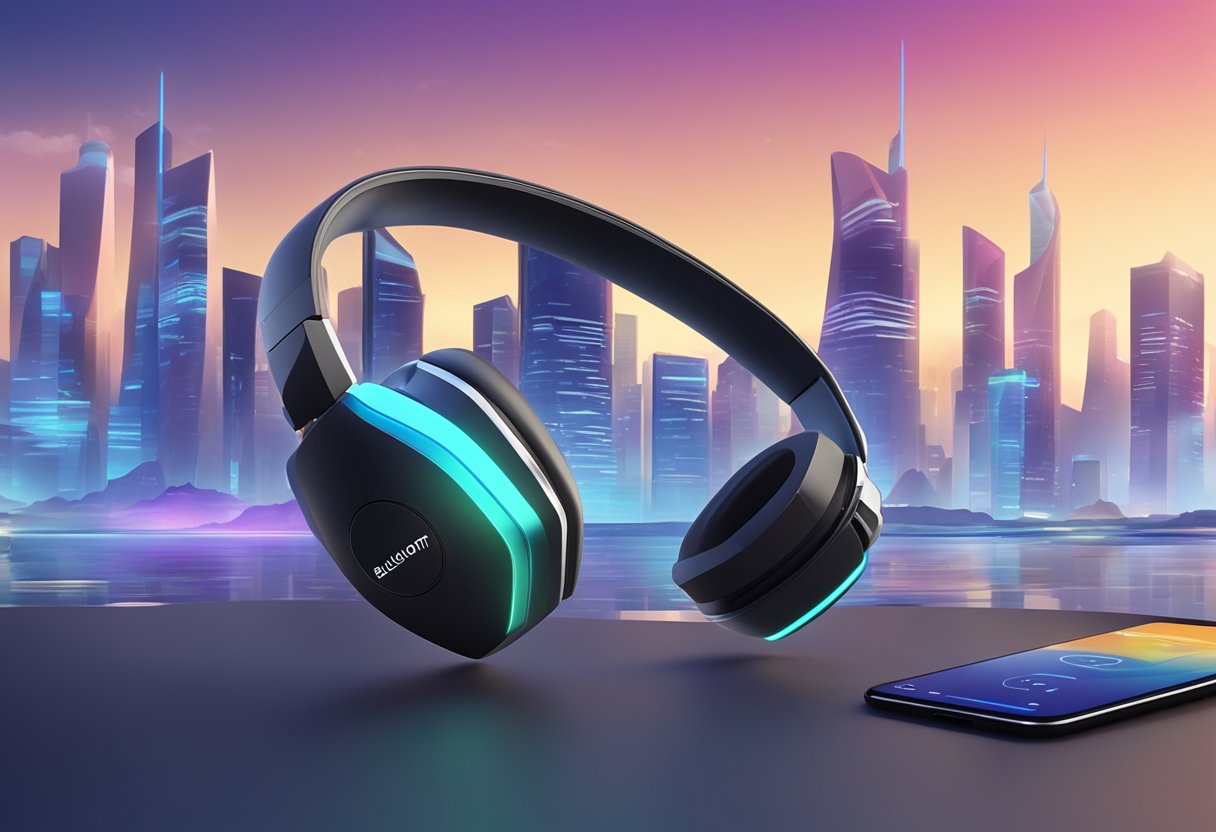 A sleek, modern Bluetooth headset sits next to a smartphone, with a futuristic cityscape in the background