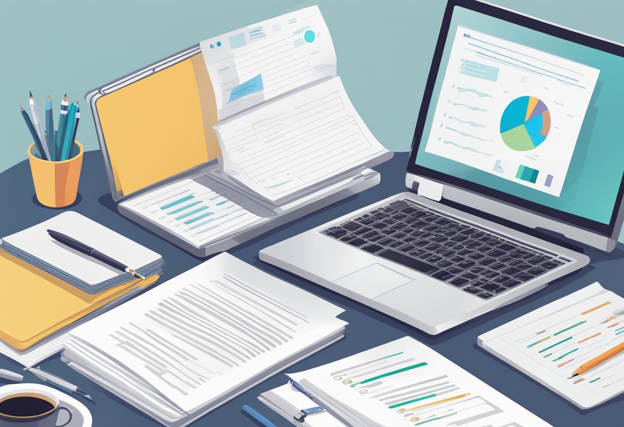 A table with a laptop, a stack of paper, and a pen, surrounded by various assessment question types