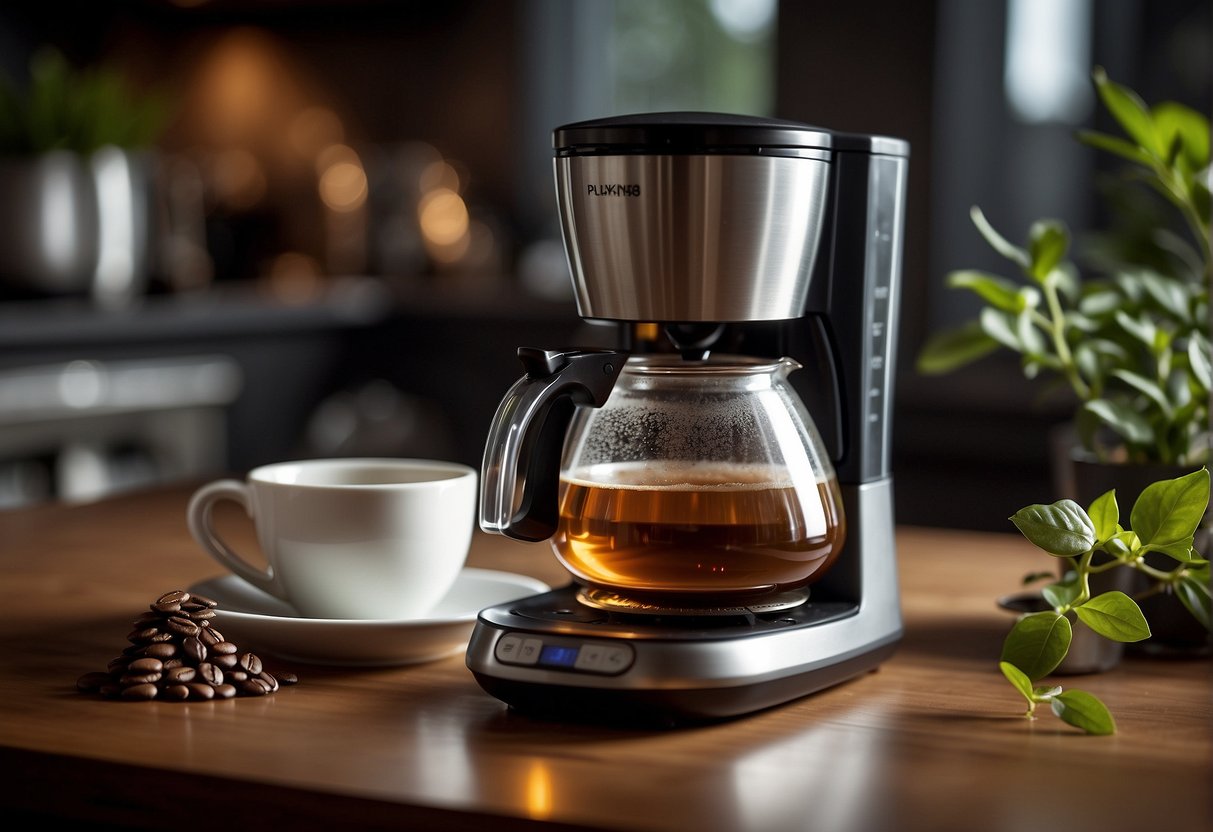 A coffee maker brewing tea with loose leaves and hot water, a timer set for optimal steeping, and a teapot ready to pour the flavorful brew