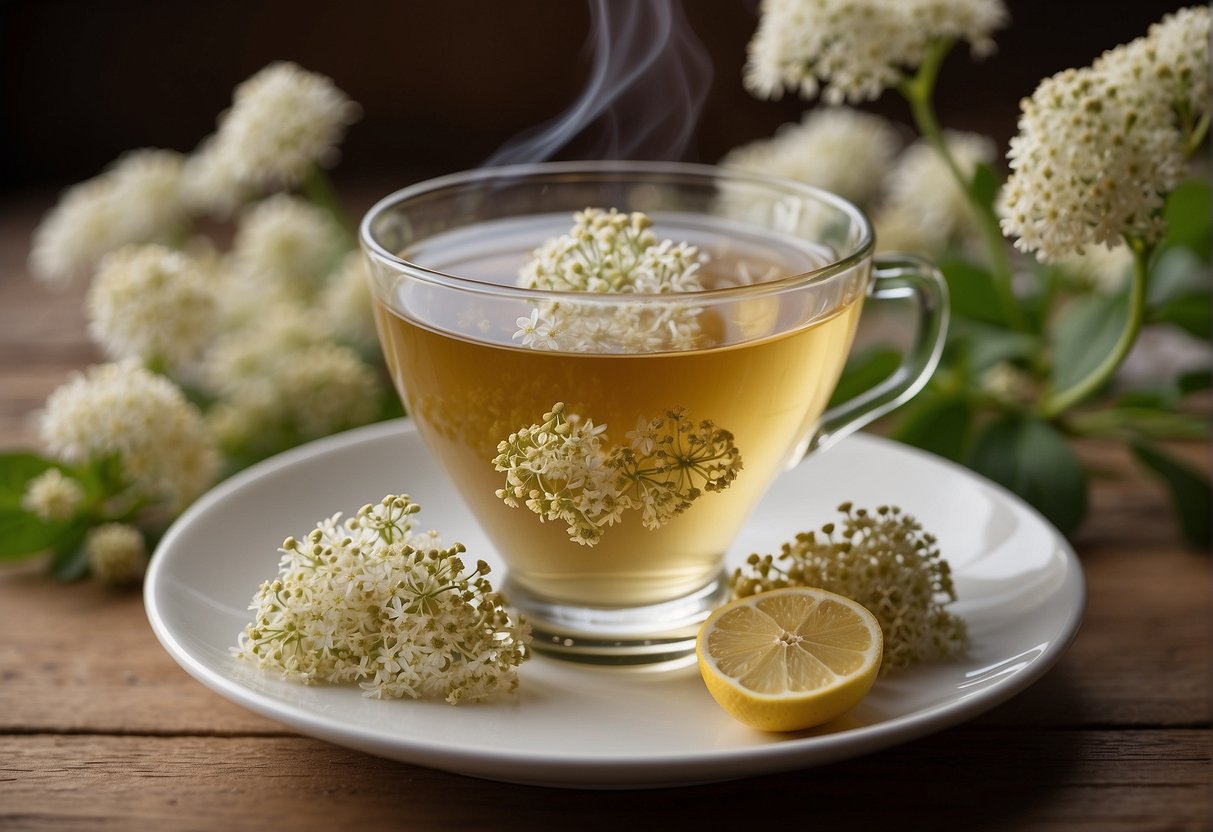 A steaming cup of elderflower tea sits on a wooden table, surrounded by fresh elderflower blossoms and a scattering of dried elderflowers