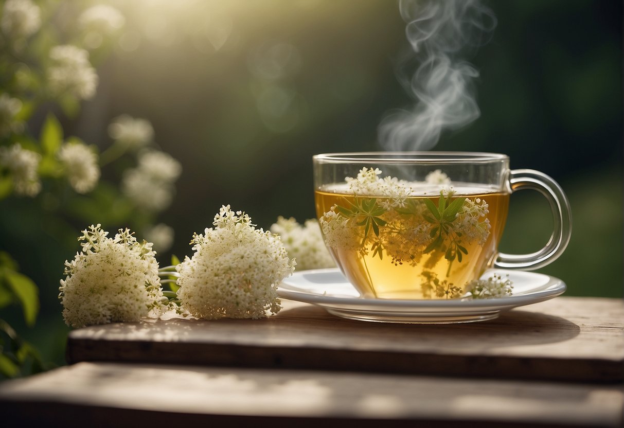 A steaming cup of elderflower tea surrounded by fresh elderflowers and a calming, natural backdrop