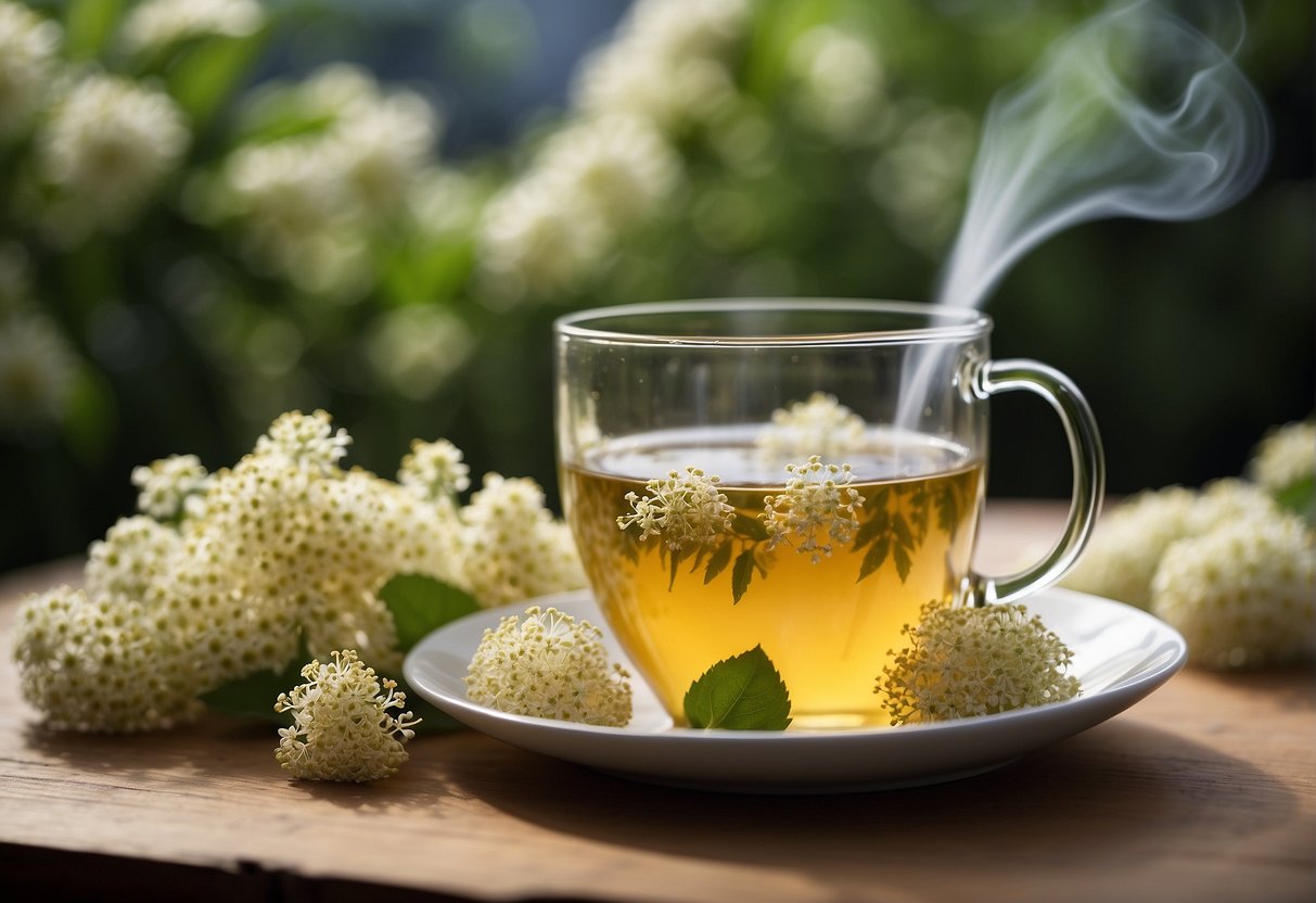 A steaming cup of elderflower tea surrounded by fresh elderflowers and a list of its nutritional benefits