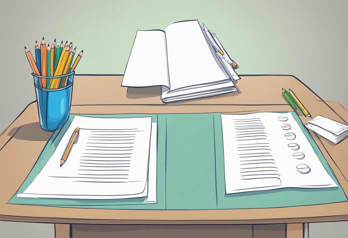 A table with answer choices on one side and corresponding questions on the other. A pencil hovers over the table, ready to fill in the blanks