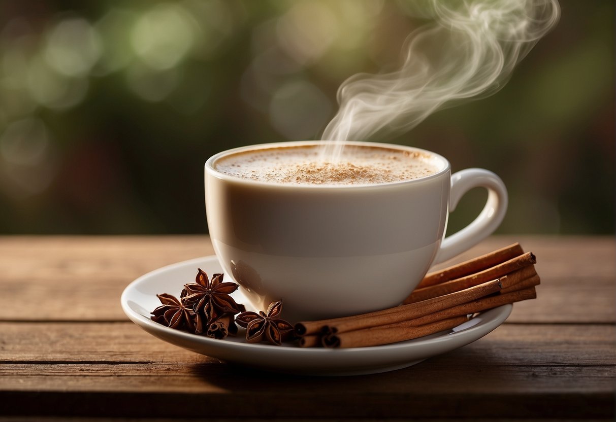 A steaming mug of chai tea latte sits on a wooden table, surrounded by warm spices like cinnamon, cardamom, and cloves. The rich aroma fills the air, and a frothy layer of milk tops the drink