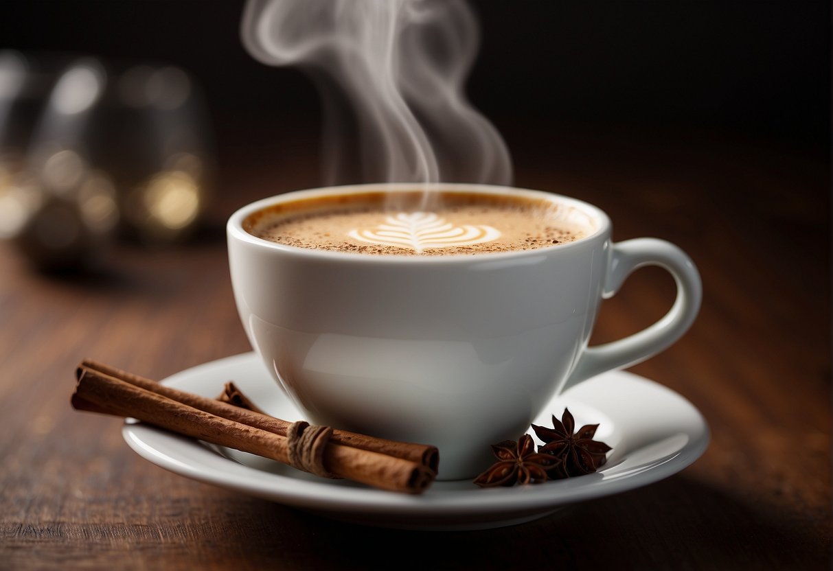 A steaming chai tea latte, rich with warm spices, emits a comforting aroma. The creamy texture and subtle sweetness create a harmonious blend of flavors
