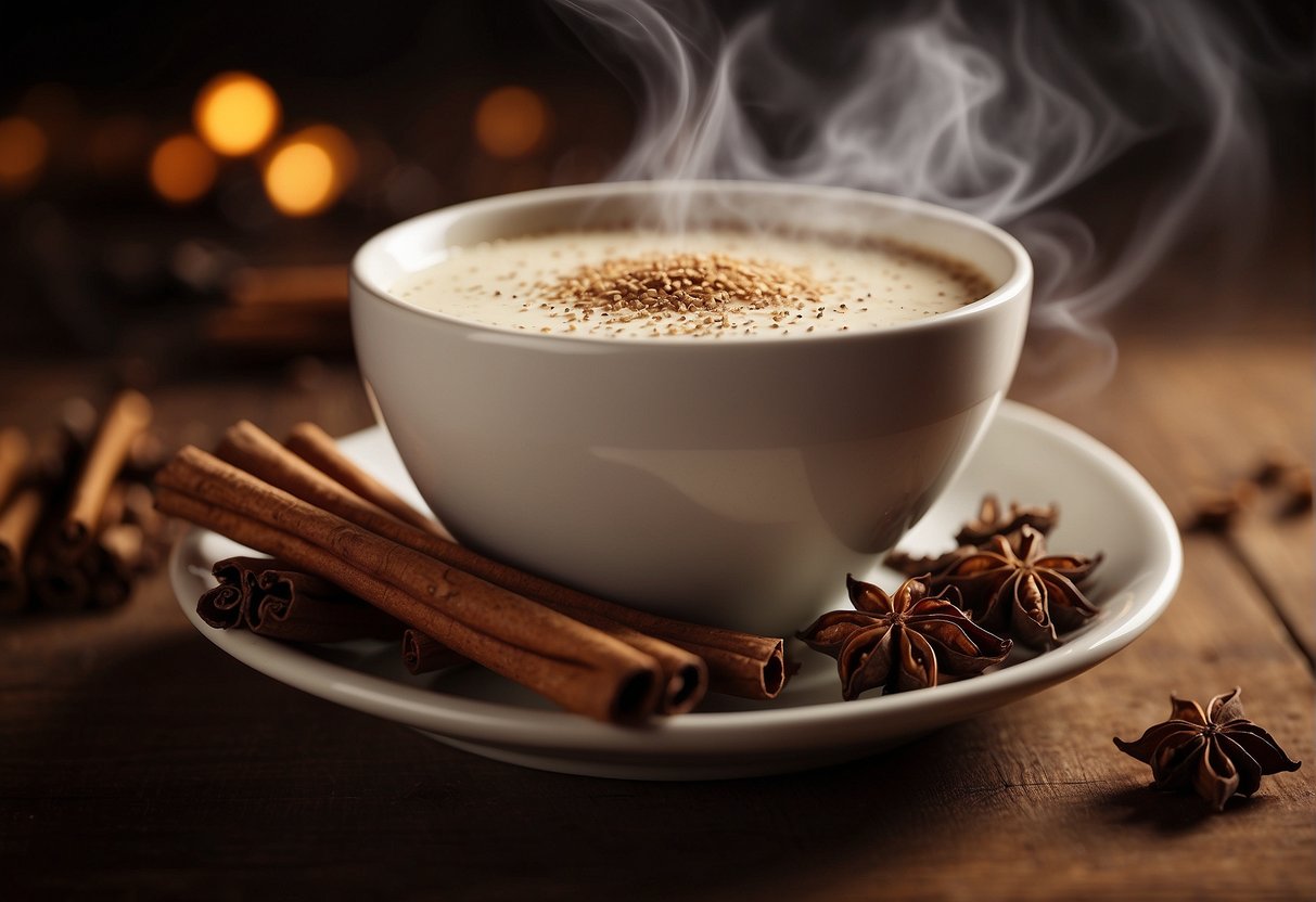 A steaming cup of chai tea latte sits on a table, surrounded by aromatic spices. The rich, warm scent of cinnamon, cardamom, and cloves fills the air, hinting at the complex and comforting flavor waiting to be savored
