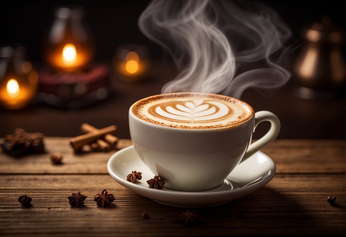 A steaming cup of chai tea latte sits on a wooden table, swirling with warm, aromatic spices. The rich, creamy beverage exudes a comforting sweetness, inviting the viewer to savor its adjustable flavors