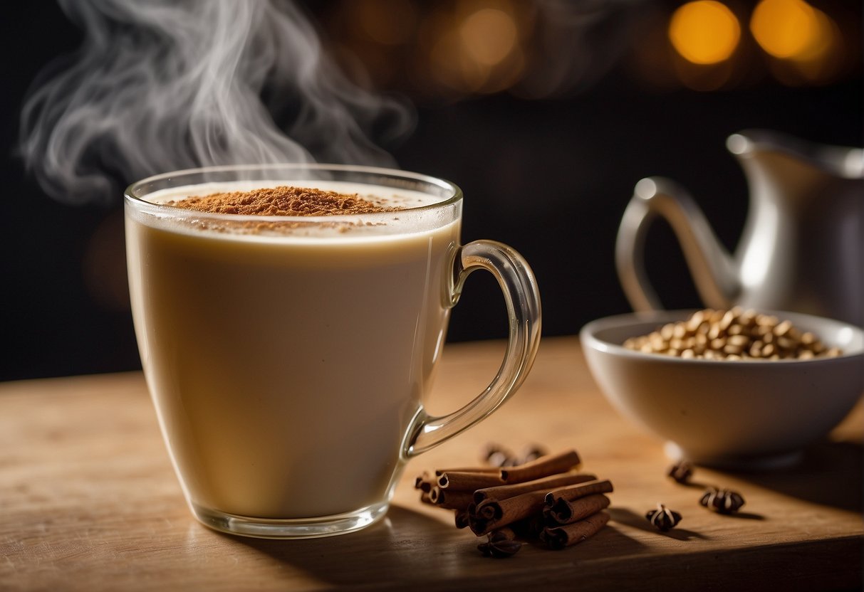 A steaming chai tea latte sits on a table. A thermometer hovers above, showing the ideal serving temperature. A subtle aroma wafts from the cup, hinting at the warm, spicy flavors waiting to be savored