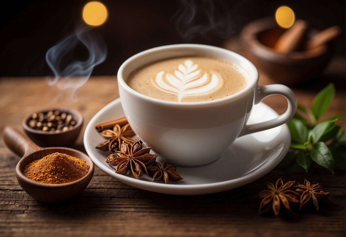 A steaming cup of chai tea latte sits on a rustic wooden table, surrounded by aromatic spices and herbs. The rich, creamy beverage emanates a warm, inviting scent, promising a complex and comforting flavor profile