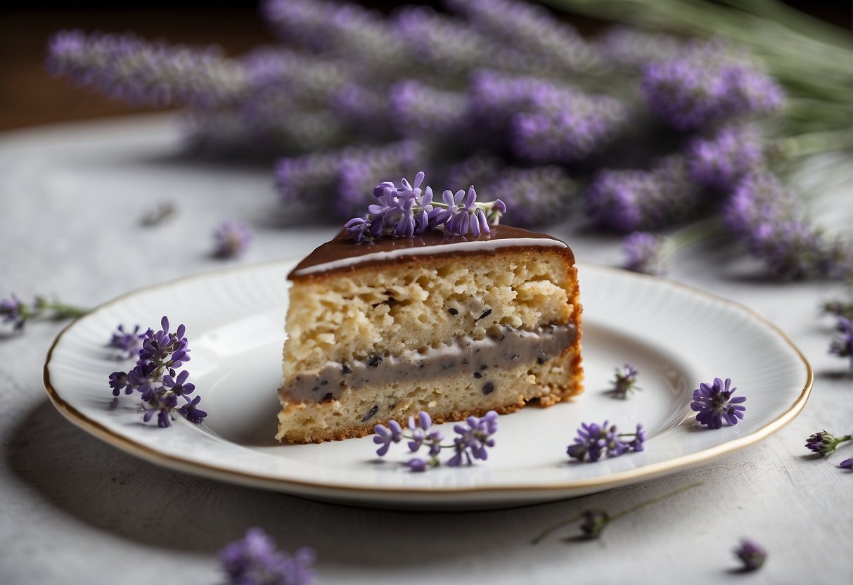 A top-down view of a slice of Earl Grey Lavender Cake on a white plate, with delicate lavender flowers scattered around the plate
