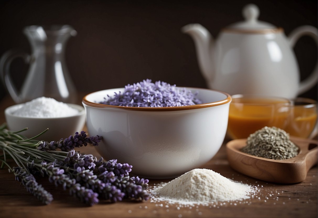 A mixing bowl filled with flour, sugar, and lavender. A whisk and measuring cups sit nearby. A teapot steams with earl grey tea