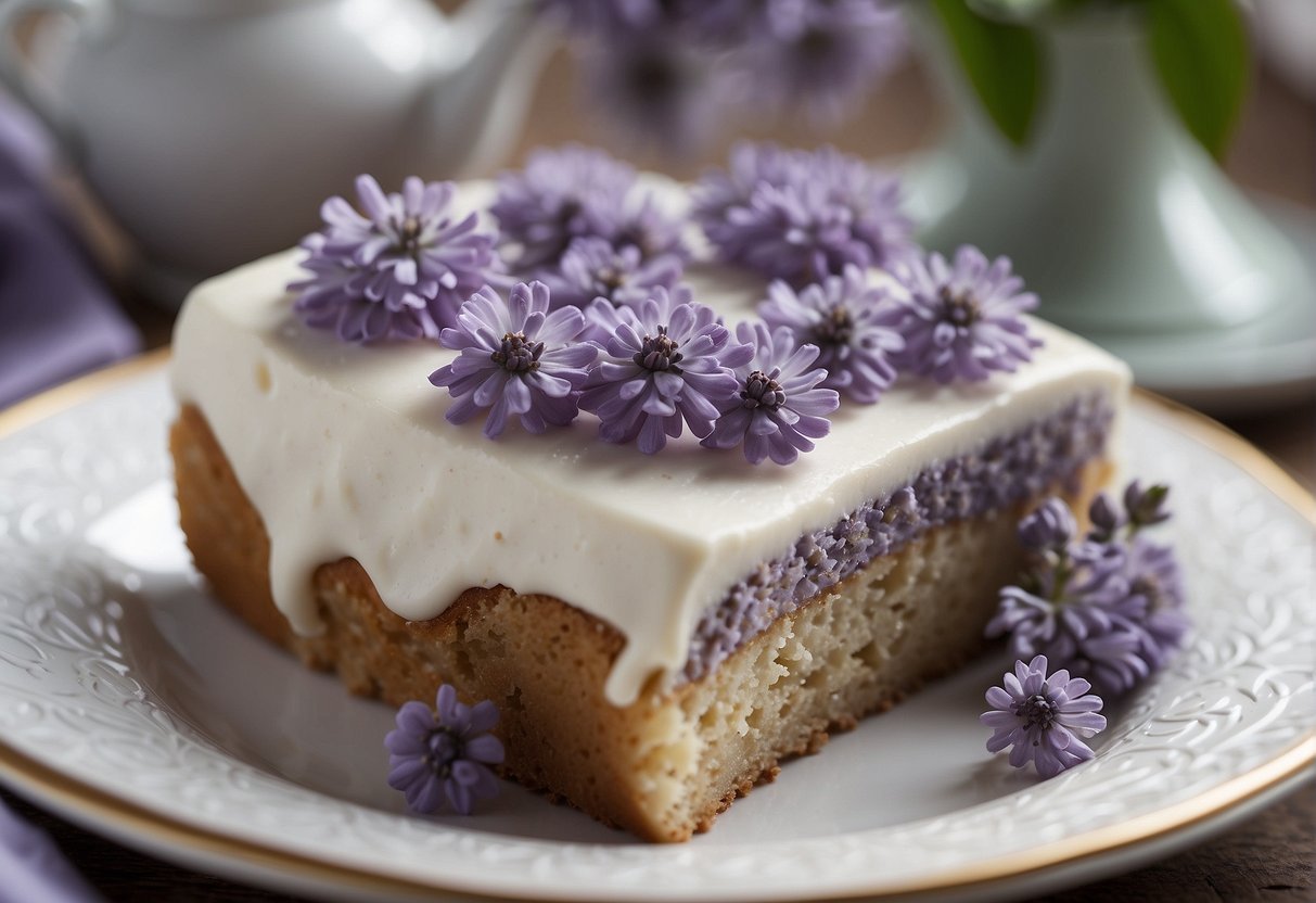 A lavender earl grey cake sits on a white platter, adorned with delicate frosting and intricate floral decorations