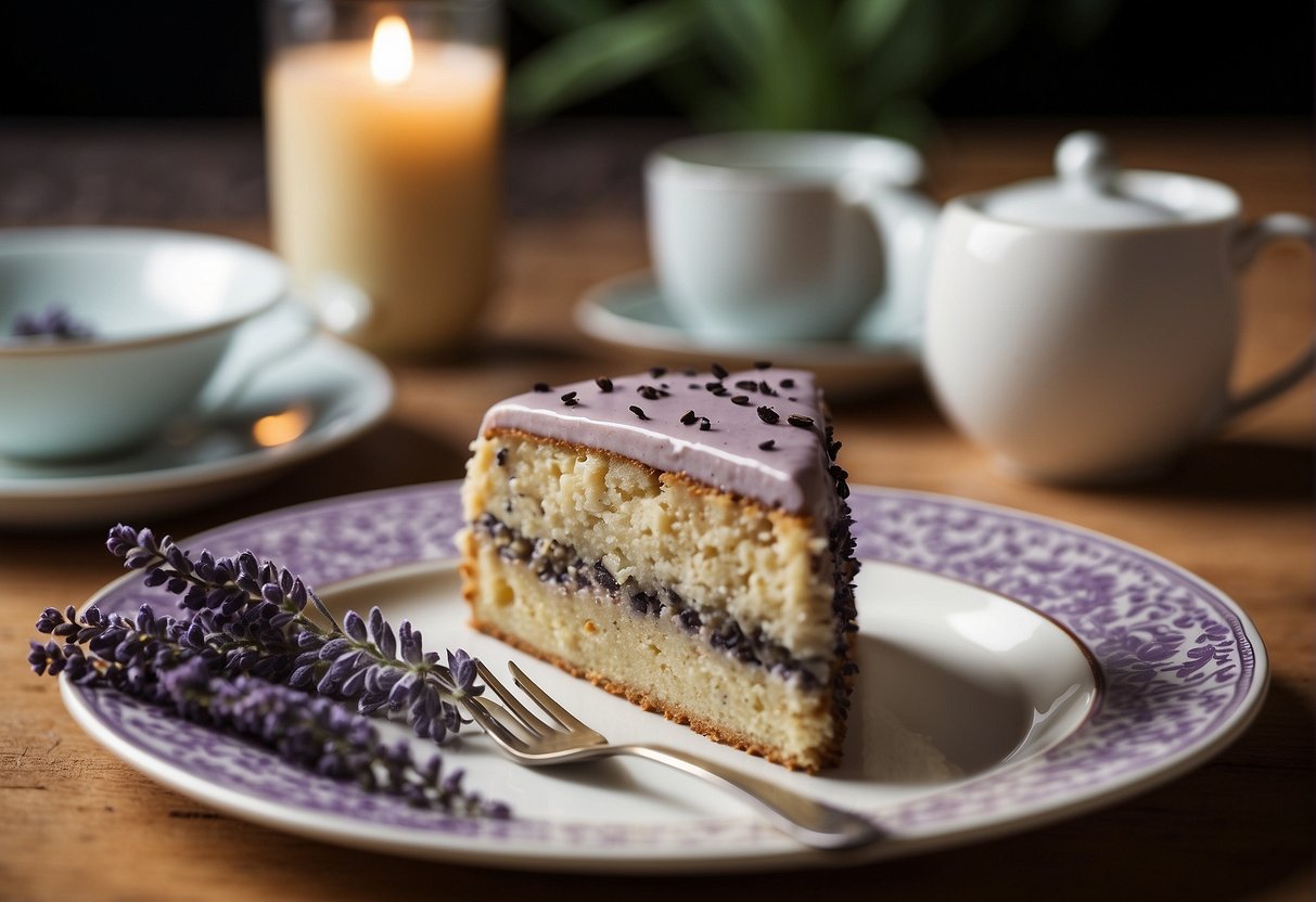 A slice of earl grey lavender cake on a floral-patterned plate, surrounded by loose tea leaves and sprigs of fresh lavender