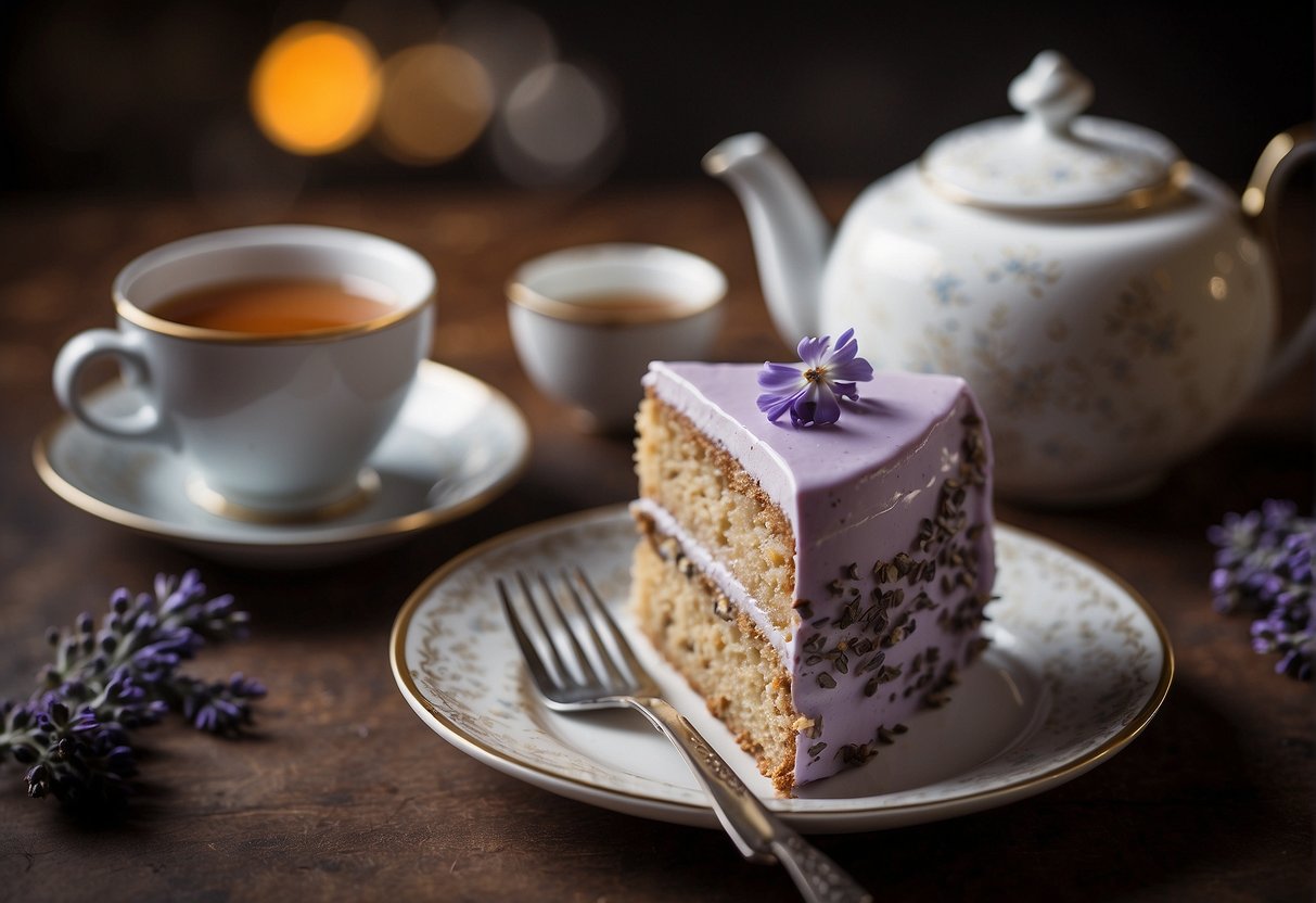 A slice of earl grey lavender cake next to a steaming cup of tea