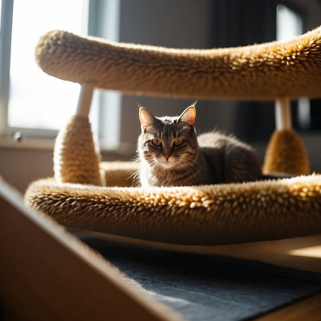 Cats lounging on cozy cat trees, exploring tunnels, and playing with interactive toys in a sunlit room filled with soft beds and scratching posts