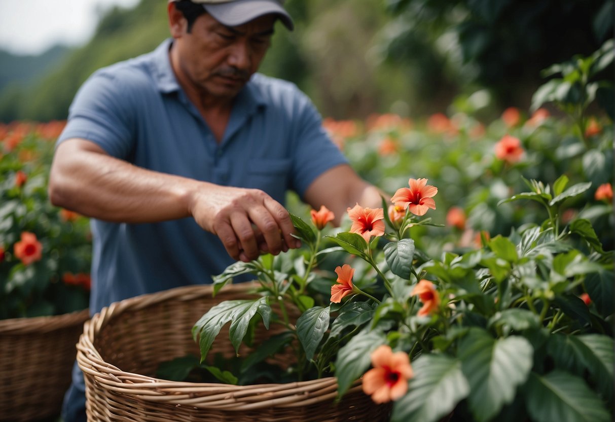 Ripe hibiscus flowers being carefully plucked and collected in baskets for tea production