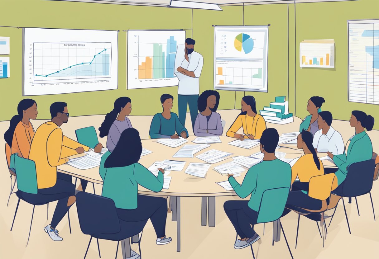 A group of educators collaborating around a table, discussing assessment data and professional development materials. Charts and graphs are displayed on the walls