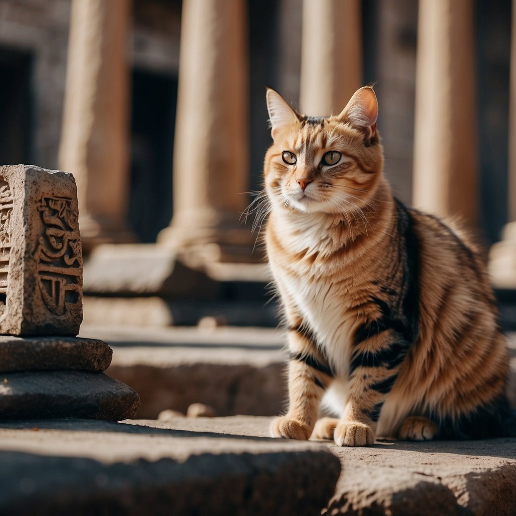 Ancient cats roam among ruins, hieroglyphs, and artifacts, revered by ancient civilizations