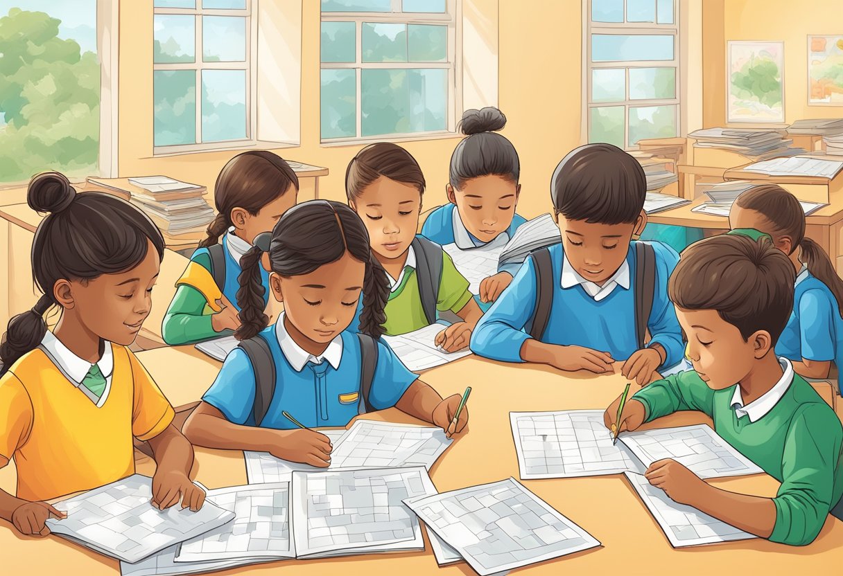 A group of primary school children engaged in problem-solving activities, using critical thinking and logical reasoning to solve complex puzzles and challenges