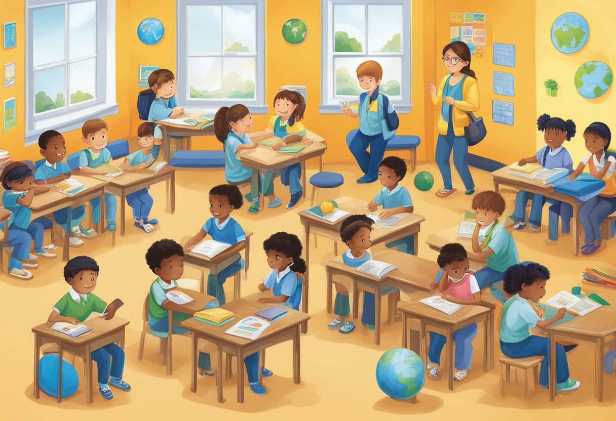 Primary school children engage in various learning activities, showcasing individual differences in cognitive development. Some children excel in problem-solving tasks, while others struggle with comprehension. The classroom setting highlights diverse challenges and learning styles
