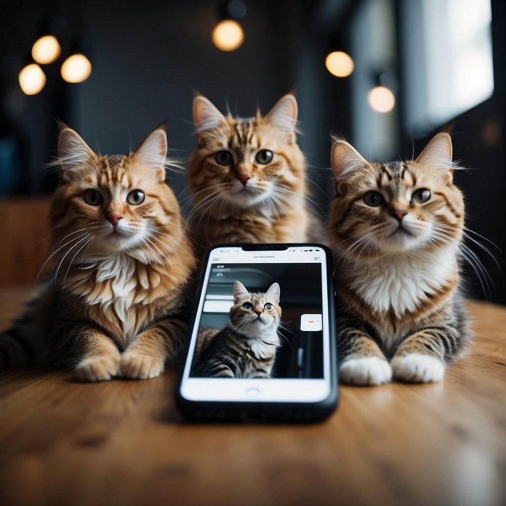 A group of trendy cats gather around smartphones, posing and taking selfies for their social media accounts, while their fans eagerly follow their every move