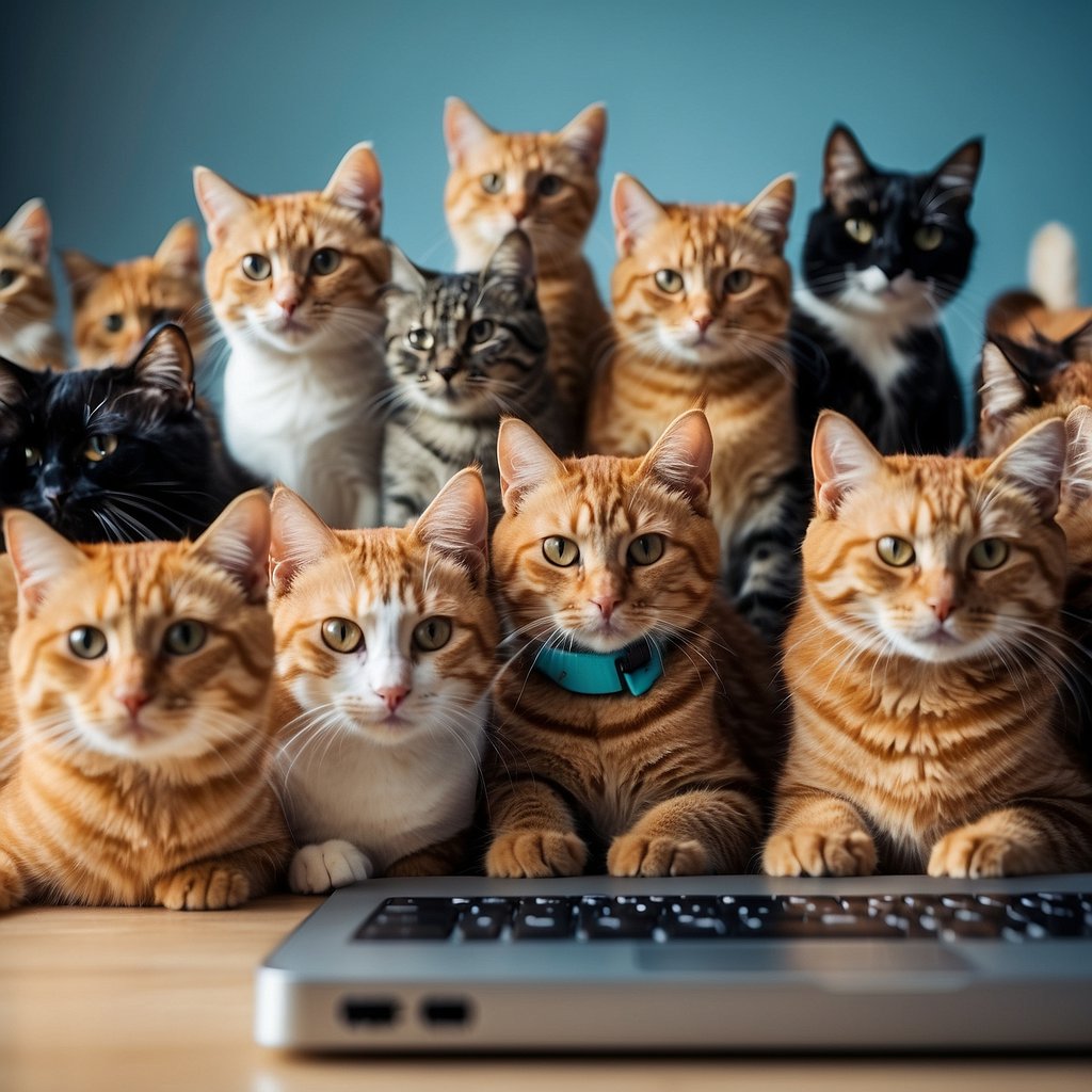 A group of feline social media stars gather on a vibrant, cat-themed set, striking playful poses and engaging with their adoring fans through various digital devices