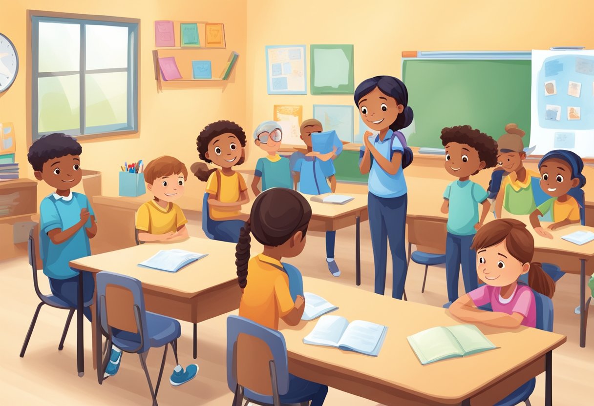 Children displaying empathy and understanding towards their peers in a classroom setting, showing emotional intelligence through their interactions and expressions