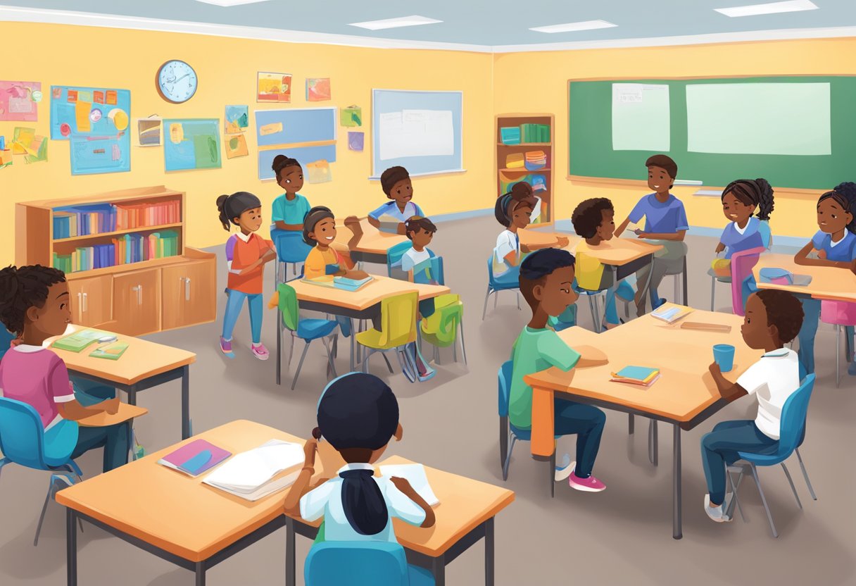 A classroom setting with diverse students engaging in activities that promote empathy, self-awareness, and social skills. Emphasis on emotional expression and understanding