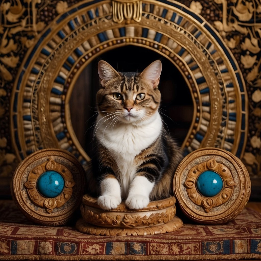 A majestic feline sits at the center of an ornate tapestry, surrounded by symbols of creativity and cultural significance.</p><p>The cat's regal posture and intense gaze demonstrate its enduring influence on art throughout history