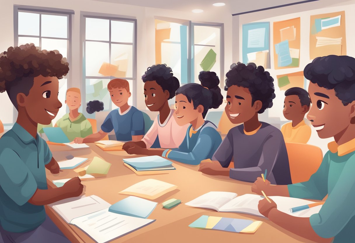 A classroom with diverse students engaged in group activities, displaying empathy and understanding towards each other's emotions