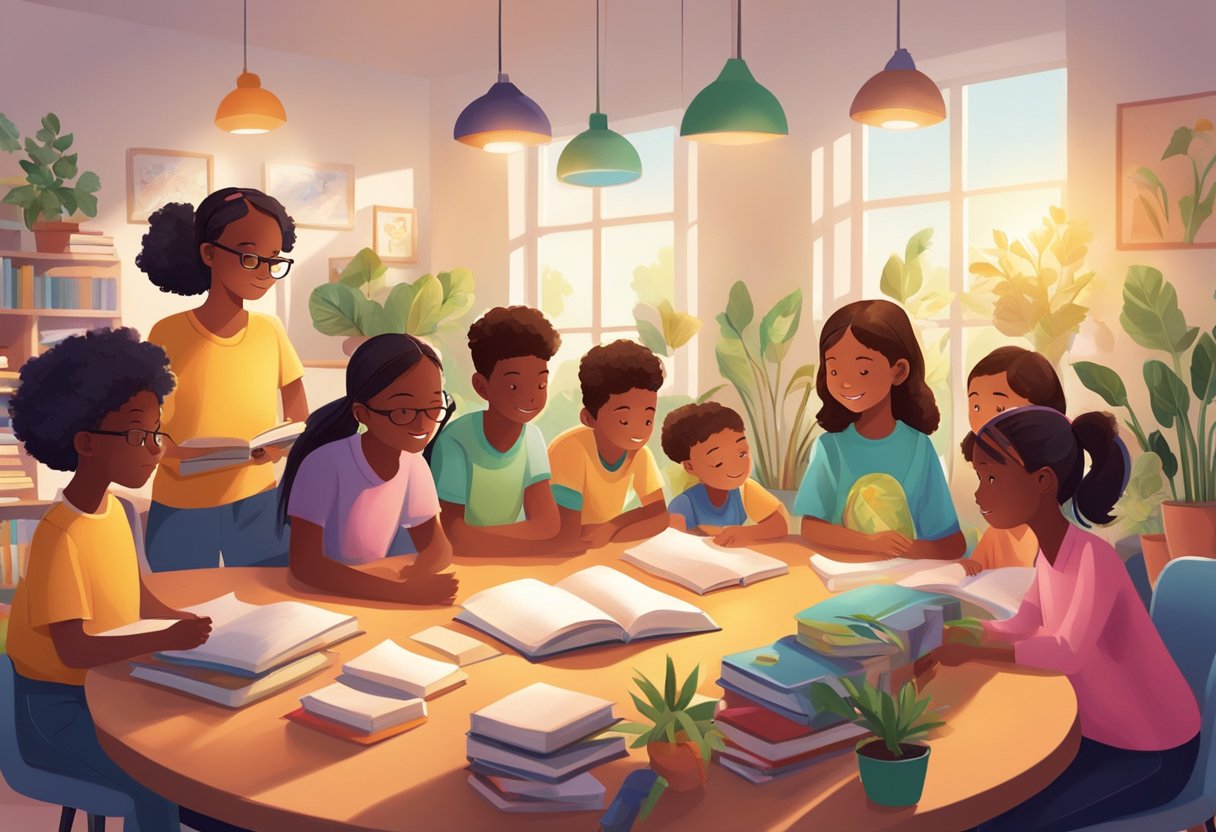 10 Strategies for Fostering a Growth Mindset in Young Learners: Encouraging Lifelong Curiosity Growth mindset LearningMole Bright light shines down on a diverse group of young learners, surrounded by books, plants, and colorful posters. They are engaged in collaborative activities, displaying determination and resilience
