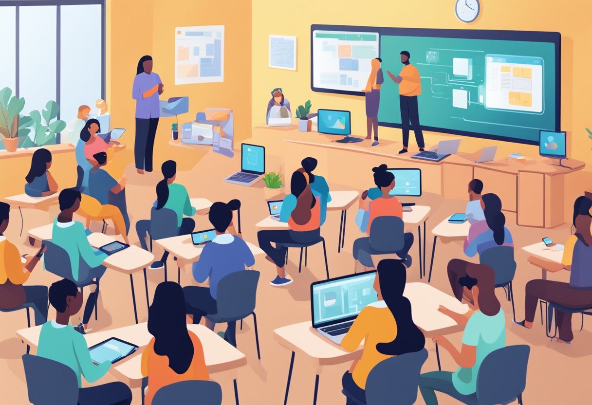 A classroom filled with digital devices, students engaging in virtual discussions, and teachers facilitating remote learning. The impact of social interactions evident through collaborative online projects and group video calls