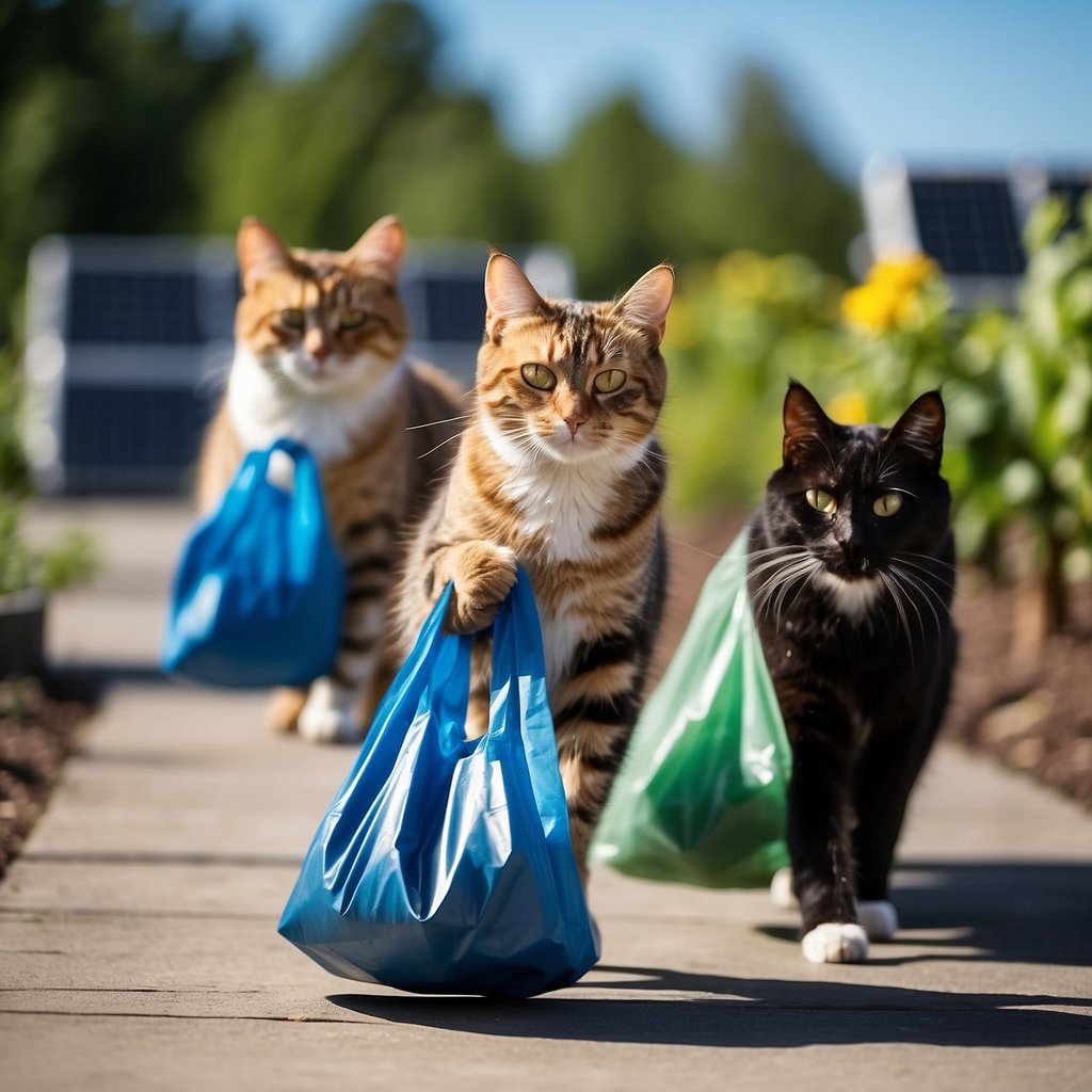 Cats carrying reusable bags and recycling bins, leading a group towards a community garden and solar panels