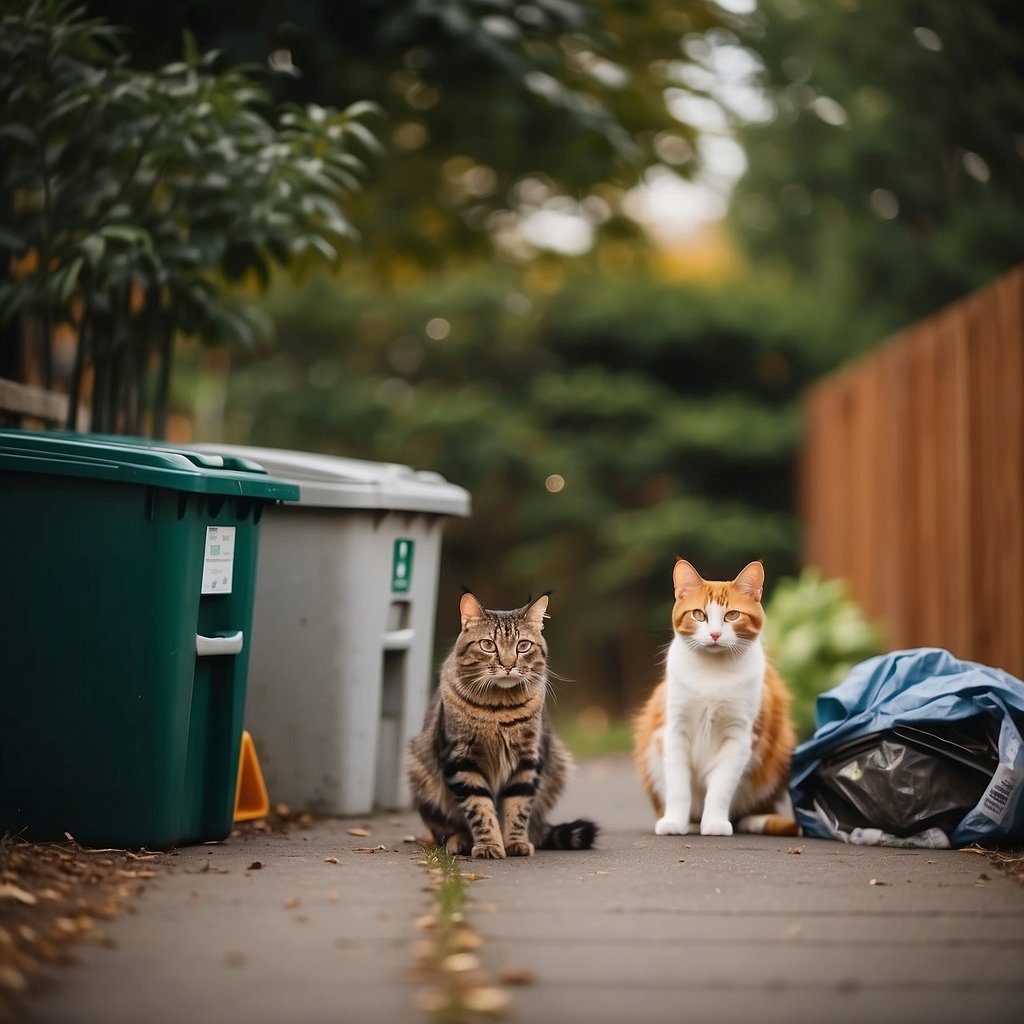 Cats sorting recyclables into separate bins, with one cat carrying a compost bin.</p><p>Other cats are seen using a litter box made from recycled materials