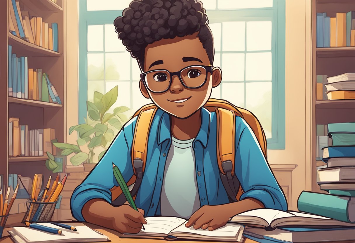 A student confidently tackles challenges, surrounded by supportive resources and tools, displaying determination and perseverance