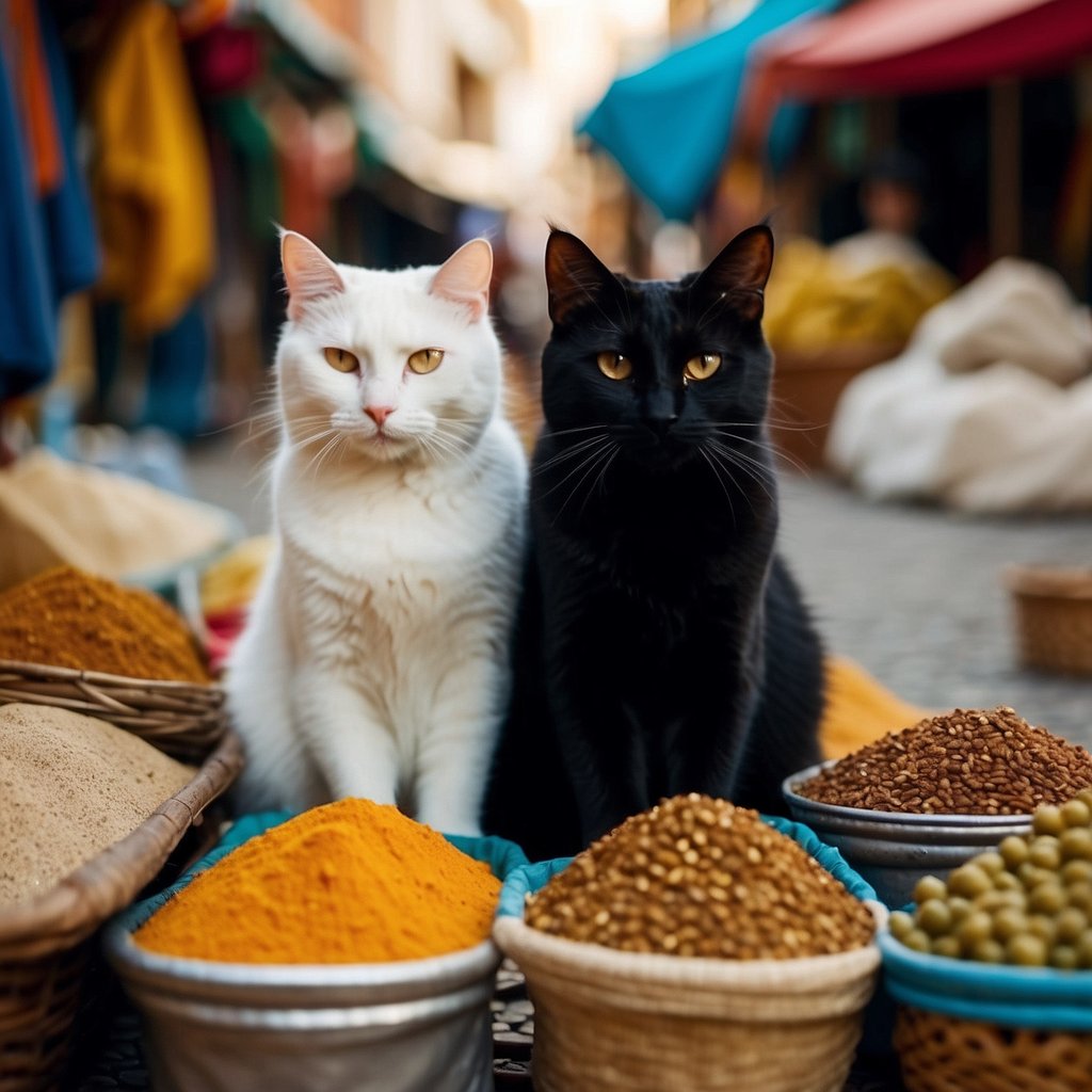 Three cats explore a bustling market in Morocco, surrounded by colorful textiles and exotic spices.</p><p>They eagerly sniff at the array of goods while their human companion looks on with amusement