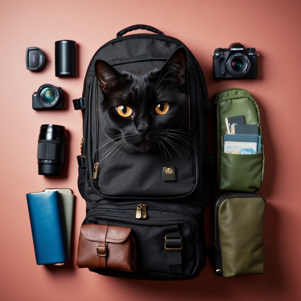 A sleek black cat perches on a vibrant backpack, surrounded by travel gear and accessories.</p><p>Maps, passports, and a camera hint at exciting adventures ahead