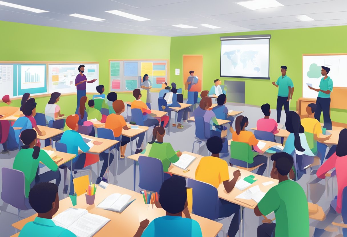 10 Strategies for Enhancing Student Engagement and Participation: Effective Techniques for Teachers Student engagement,participation,engagement LearningMole Students actively engaging in group discussions, using technology, and participating in hands-on activities in a vibrant classroom setting