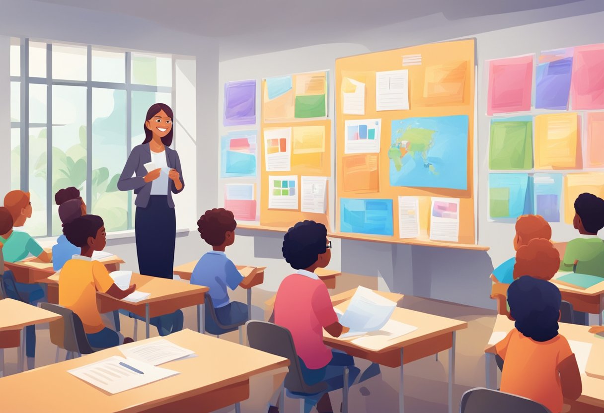 A classroom with colorful posters and a variety of student work displayed on the walls. A teacher stands at the front of the room, smiling and giving positive feedback to a student