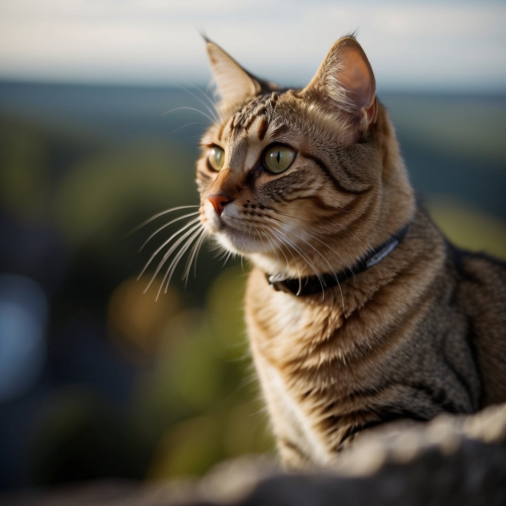 A cat perches on a high vantage point, gazing down at the world below with intense focus and curiosity.</p><p>Its eyes are wide and alert, taking in the details of its surroundings with keen interest